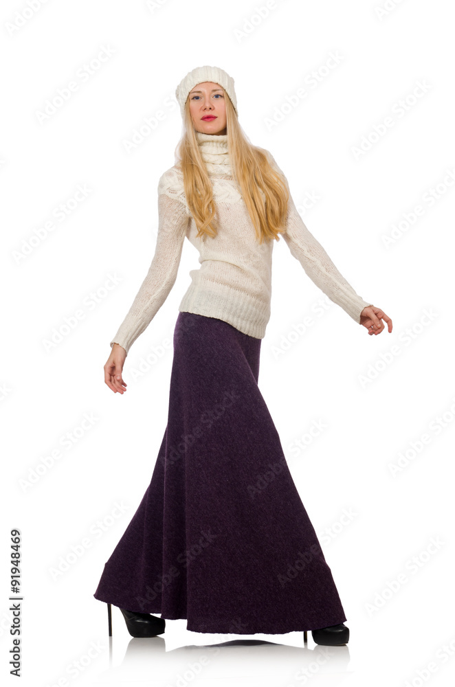 Pretty girl in violet long dress isolated on white Pretty girl in violet long dress isolated on white