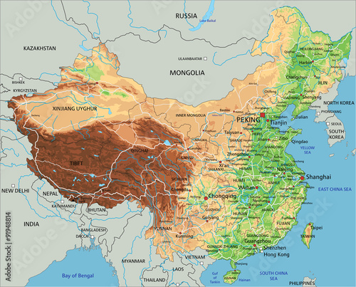 High detailed China physical map with labeling.