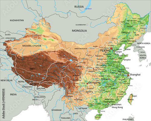 High detailed China physical map with labeling.