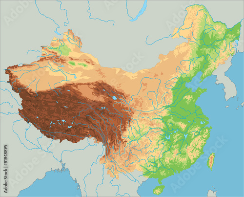 High detailed China physical map.