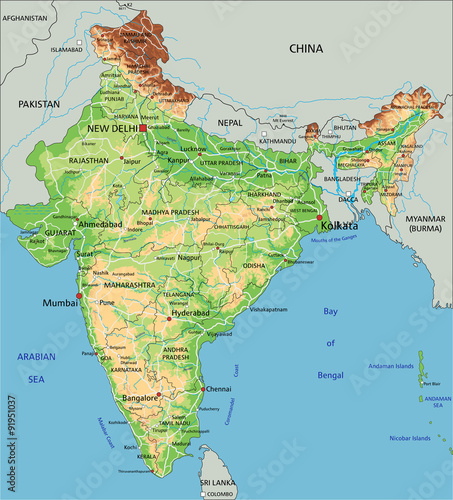 High detailed India physical map with labeling.