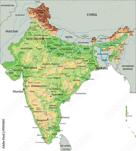 High detailed India physical map with labeling.