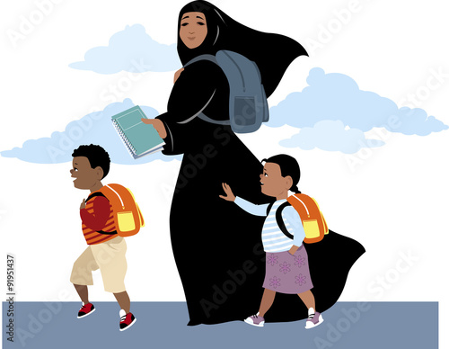 Muslim woman, wearing hijab, bringing her son and daughter to school, carrying a backpack and textbooks, EPS 8 vector illustration