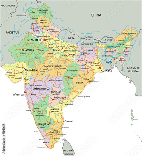 India - Highly detailed editable political map with labeling.