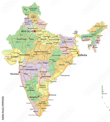 India - Highly detailed editable political map with labeling.