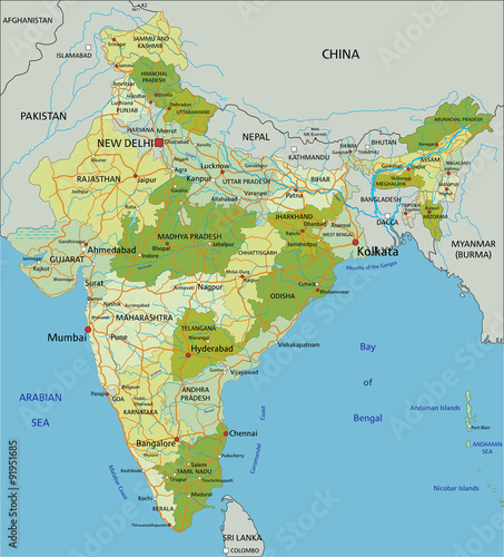 Highly detailed editable political map with separated layers. India.