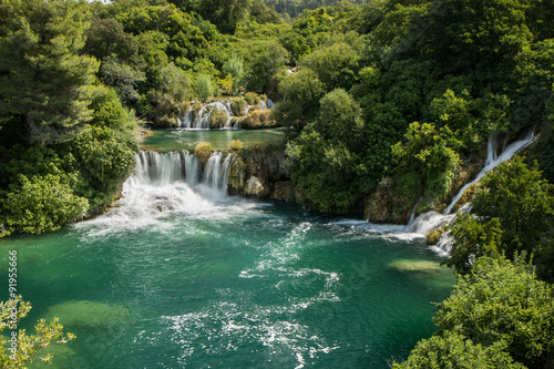 Scenic view of waterfalls, cascades and lush foliage at the Krka National Park in Croatia.