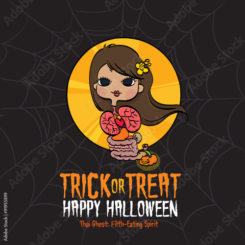 Vector Illustration of Thai Filth-Eating Spirit and Spider-Web Background on Halloween.