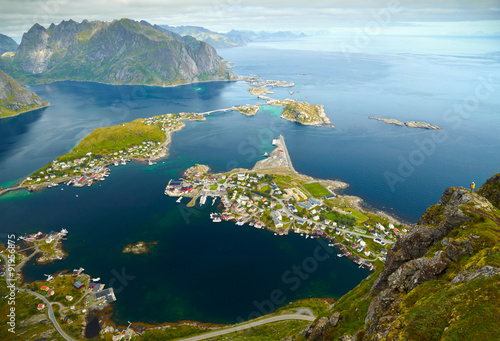 Reine, Norway. Fishing village in Moskenesoya island. Aerial vie