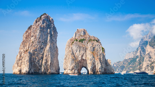 Capri island, famous Faraglioni rocks, landscape photo