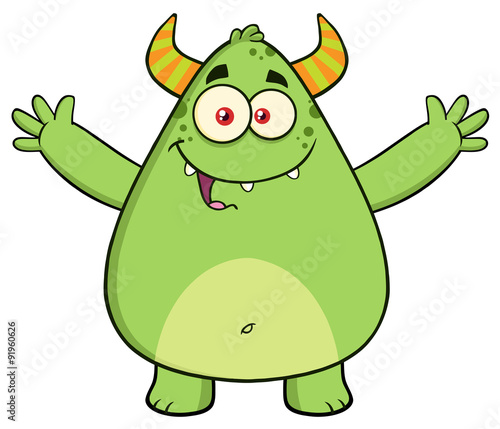 Funny Horned Green Monster Character With Welcoming Open Arms