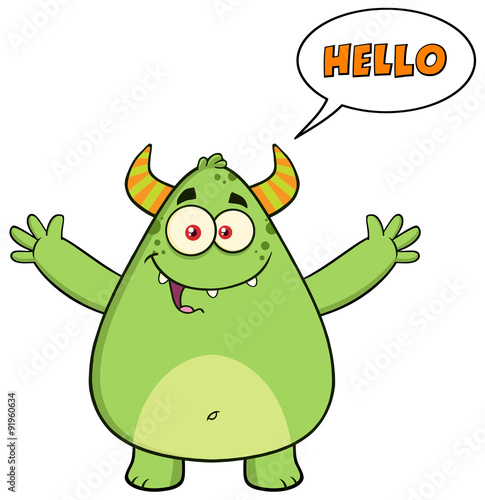 Horned Green Monster With Welcoming Open Arms And Speech Bubble 