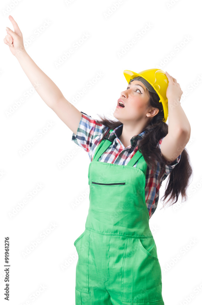 Female workman in green overalls isolated on white Female workman in green overalls isolated on white