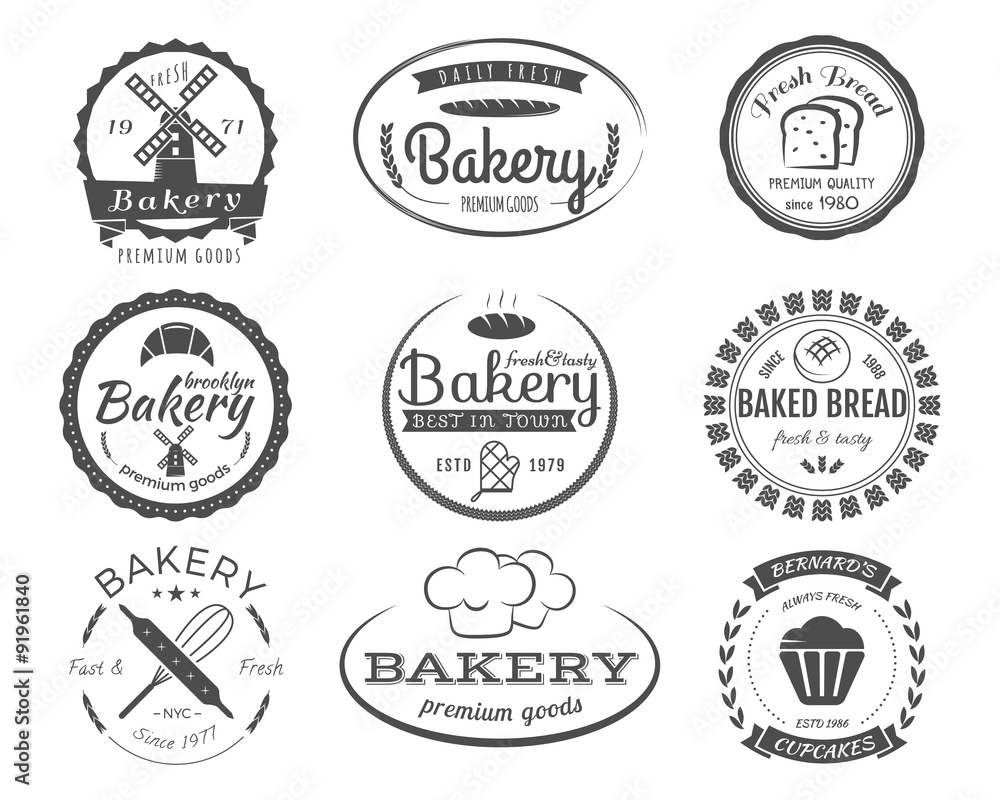 Set of bakery labels, badges and design elements, symbols. Fresh