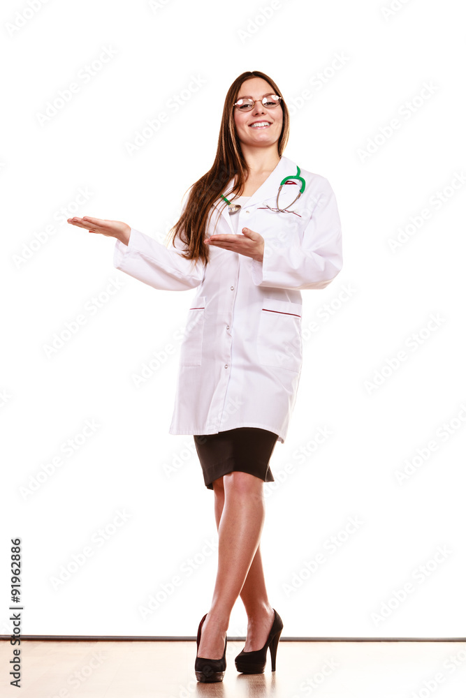 Woman doctor with empty hands palms copyspace. Woman doctor with empty hands palms copyspace.