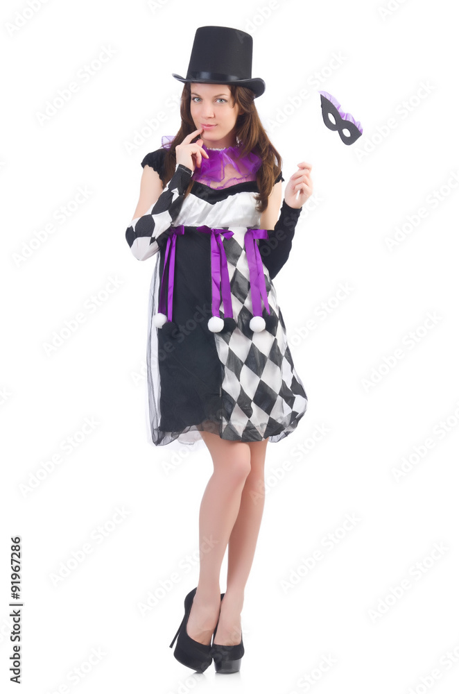 Pretty girl in jester costume with mask isolated on white Pretty girl in jester costume with mask isolated on white