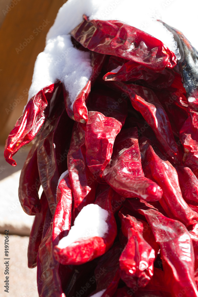 Naklejka premium Chile Ristra covered with snow in Santa Fe, New Mexico
