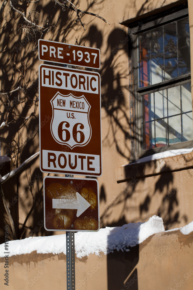 Fototapeta premium Pre-1937 Route 66 sign on Old Santa Fe Trail in downtown Santa Fe, New Mexico