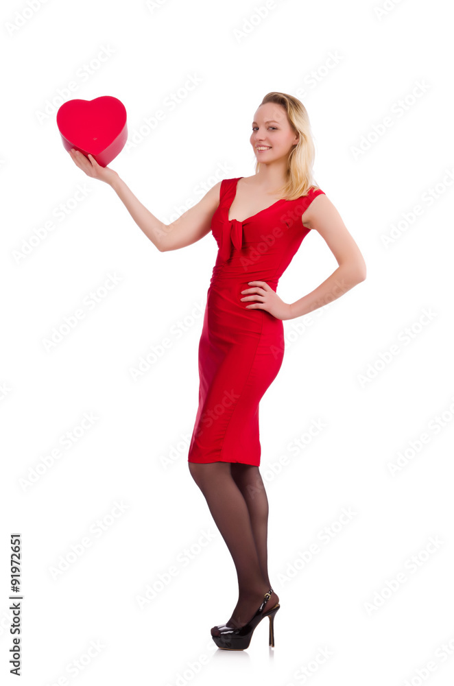 Smiling woman in red dress isolated on white Smiling woman in red dress isolated on white