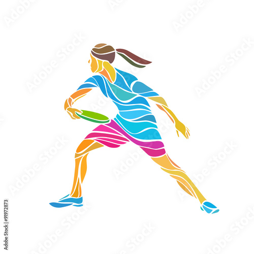 Female player is playing Ultimate Frisbee, vector illustration