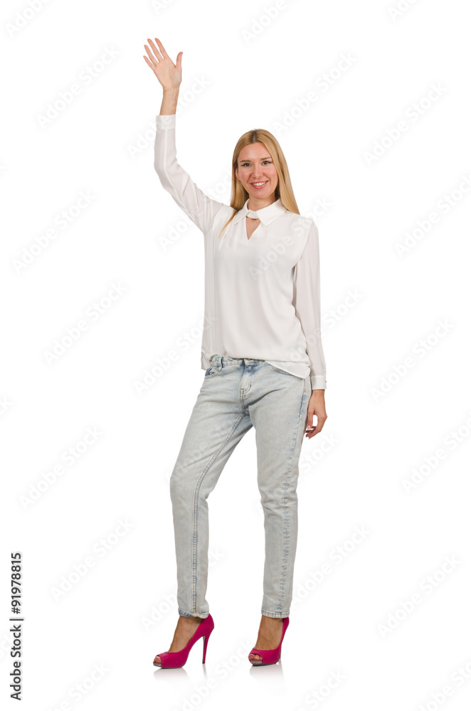 Pretty woman in blue jeans isolated on white Pretty woman in blue jeans isolated on white