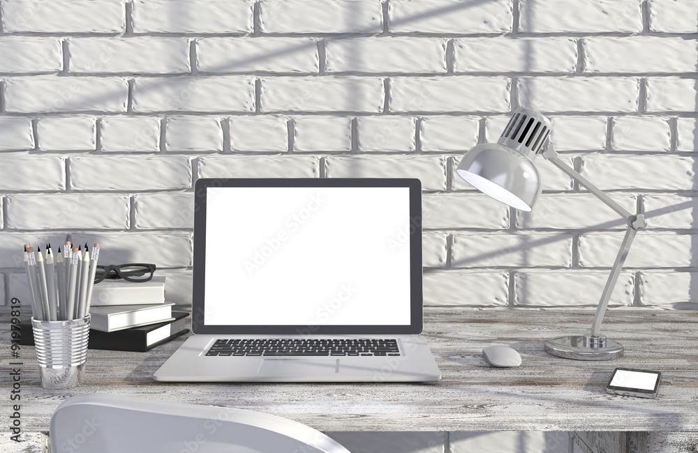 Fototapeta premium 3D illustration laptopand work stuff on table near brick wall