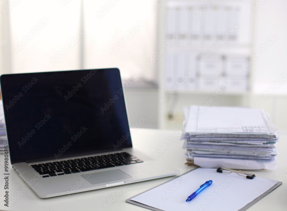 office desk a stack of computer paper reports work forms office desk a stack of computer paper reports work forms