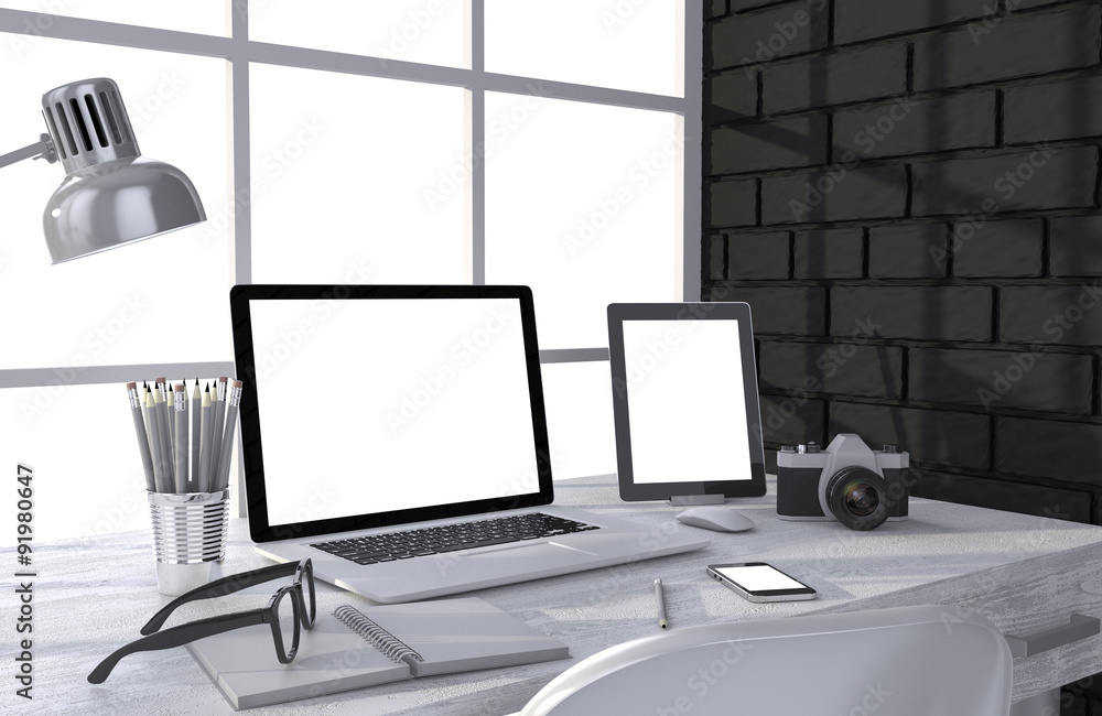 3D illustration laptopand work stuff on table near brick wall 3D illustration laptopand work stuff on table near brick wall