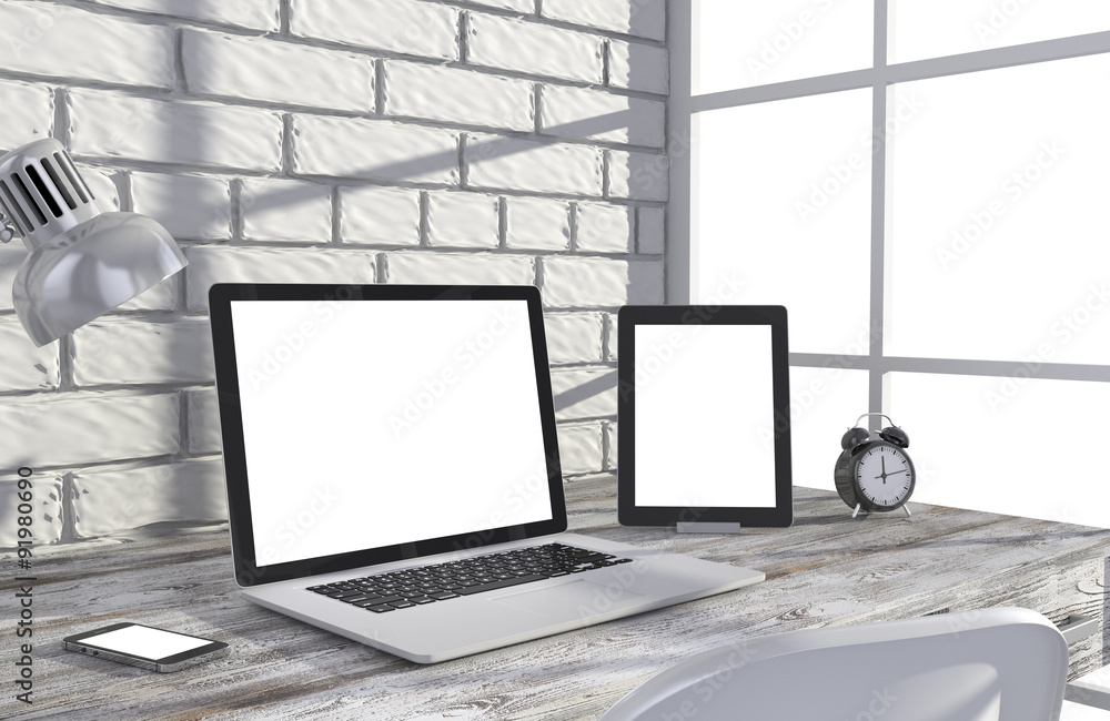 Fototapeta premium 3D illustration laptopand work stuff on table near brick wall