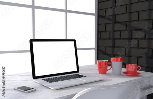 Wallpaper Mural 3D illustration laptopand work stuff on table near brick wall Torontodigital.ca