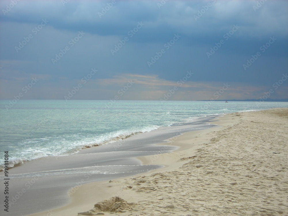 Long exotic sandy beach on a cloudy day with dramatic sky. Beautifu beach landscape.