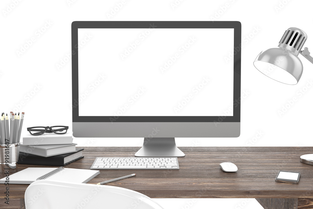 Fototapeta premium 3D illustration PC screen on table in office, Workspace