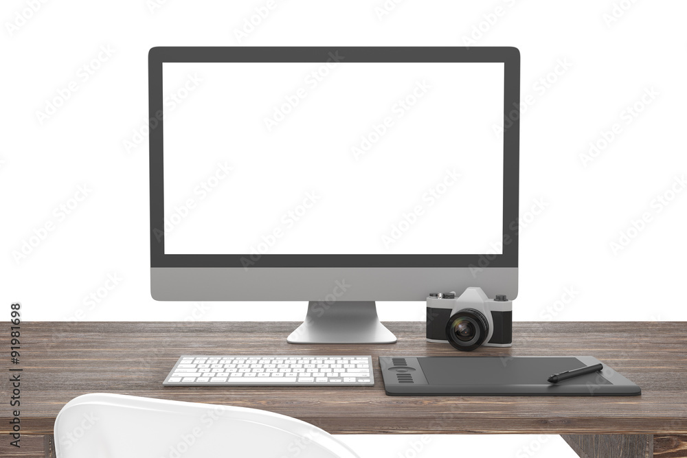Fototapeta premium 3D illustration PC screen on table in office, Workspace