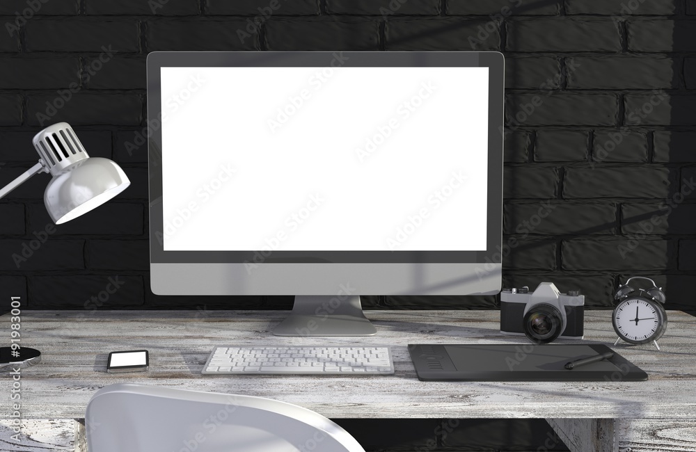 Fototapeta premium 3D illustration PC screen on table in office, Workspace