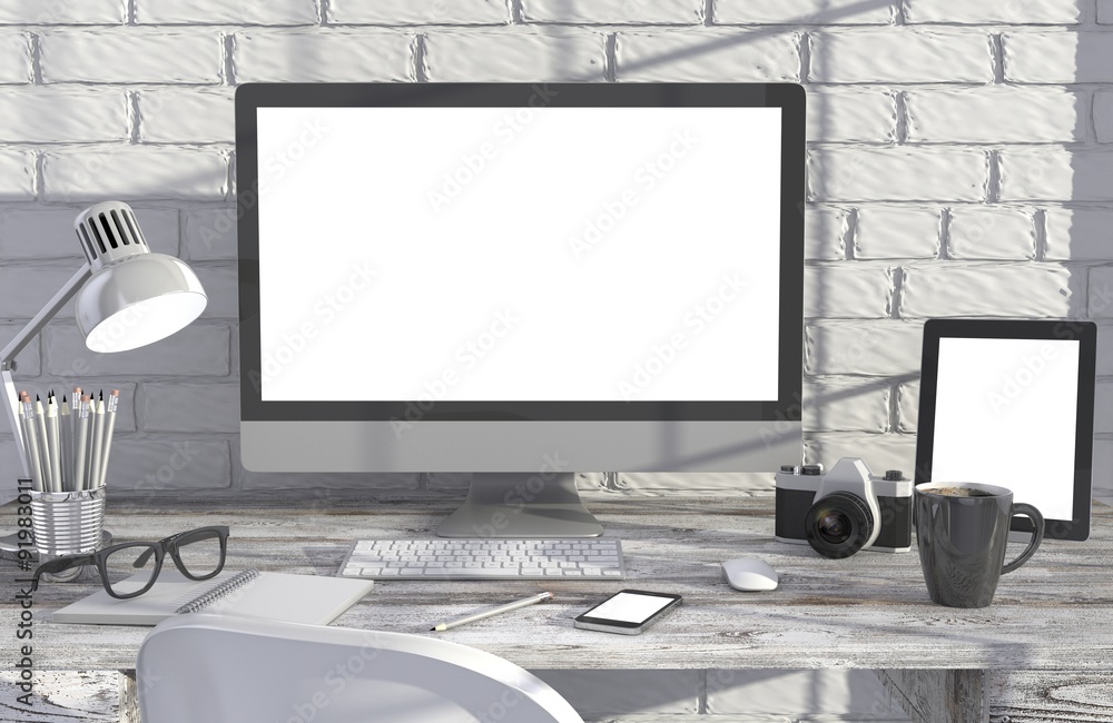 Fototapeta premium 3D illustration PC screen on table in office, Workspace