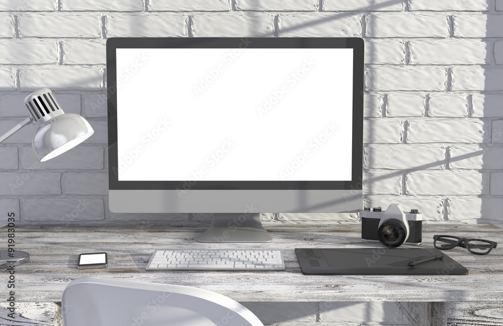 Fototapeta premium 3D illustration PC screen on table in office, Workspace
