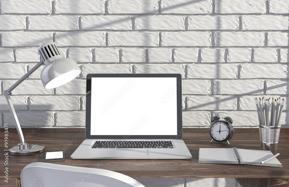 Fototapeta premium 3D illustration laptopand work stuff on table near brick wall