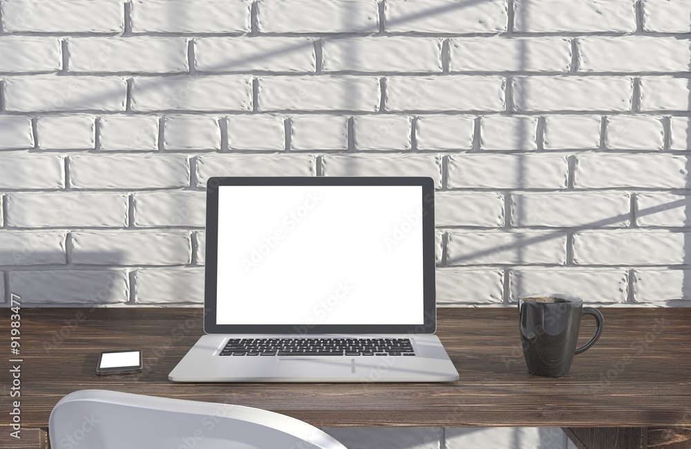 Fototapeta premium 3D illustration laptopand work stuff on table near brick wall