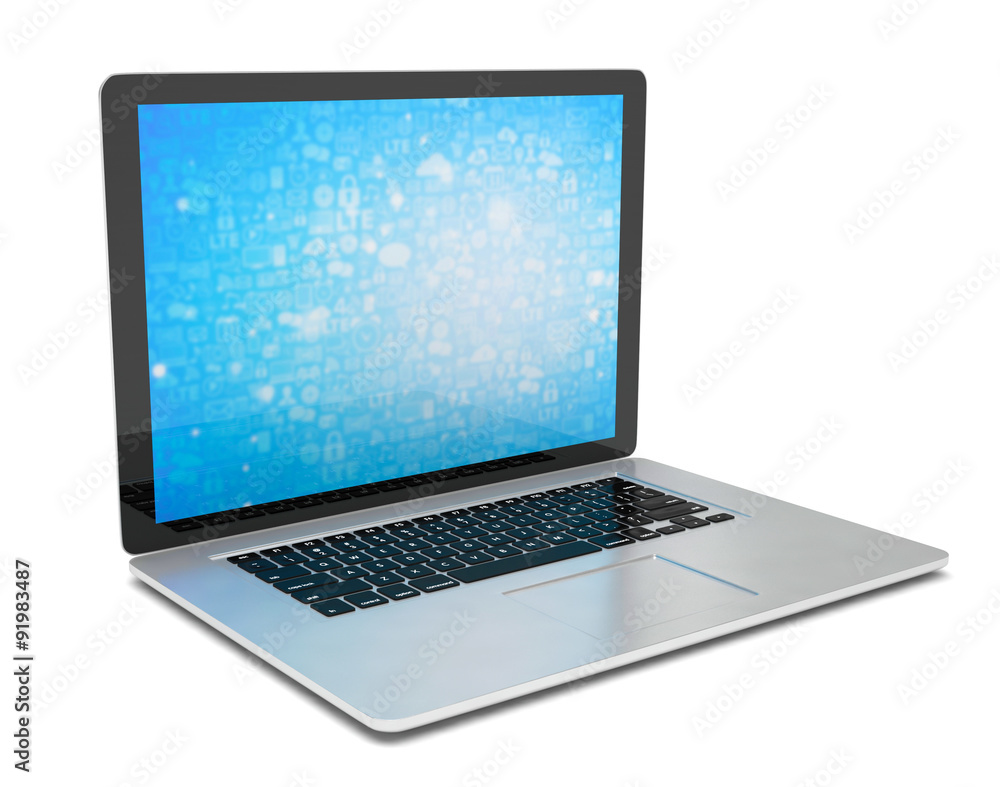 3d rendering of a laptop with blue wallpaper with app icon 3d rendering of a laptop with blue wallpaper with app icon