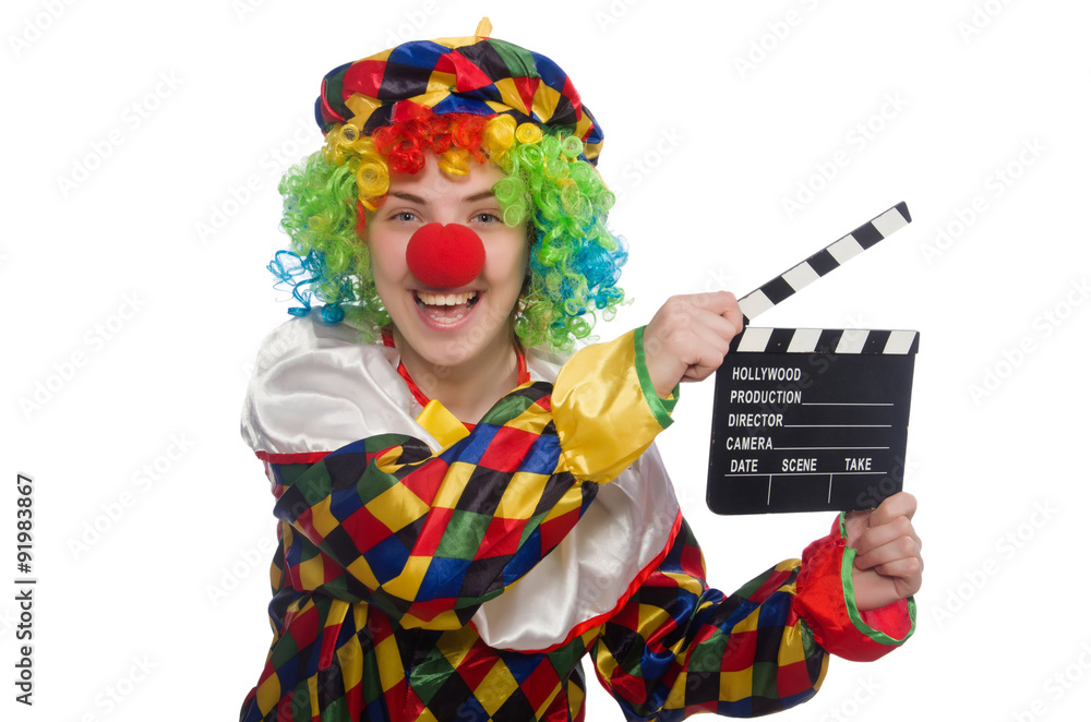 Clown with movie clapper isolated on white Clown with movie clapper isolated on white