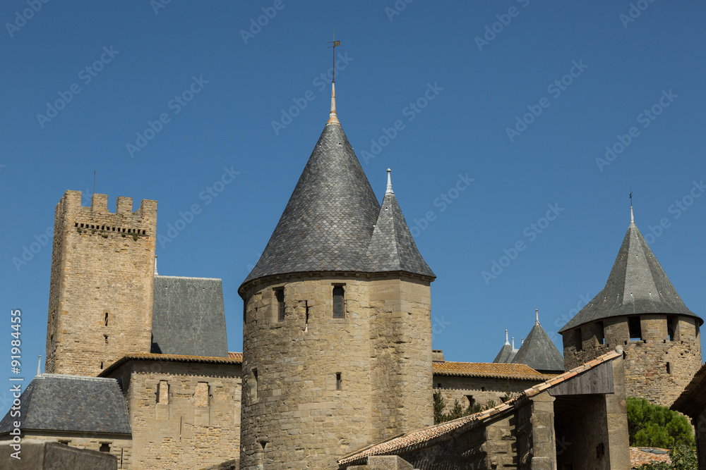 towers and walls of the fortified medieval city of Carcassonne, France