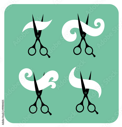 Set of vintage labels for hairdresser and barber with scissors and hair.