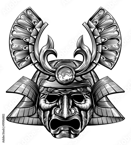 Samurai Mask Woodblock Style