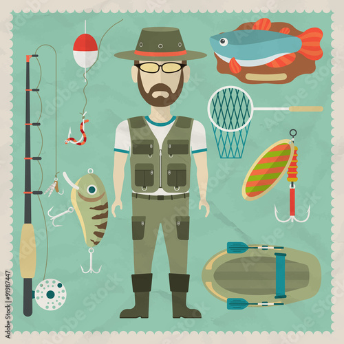 Fisherman flat character.  Fishing flat icons. Vector flat