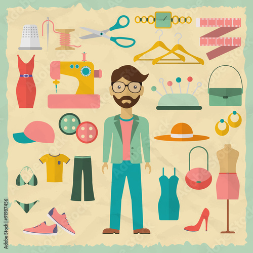 Fashion designer male character design with fashion objects