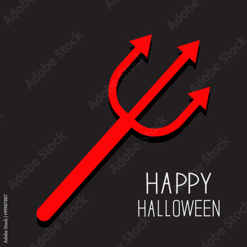 Red evil trident. Happy Halloween card. Flat design Black background