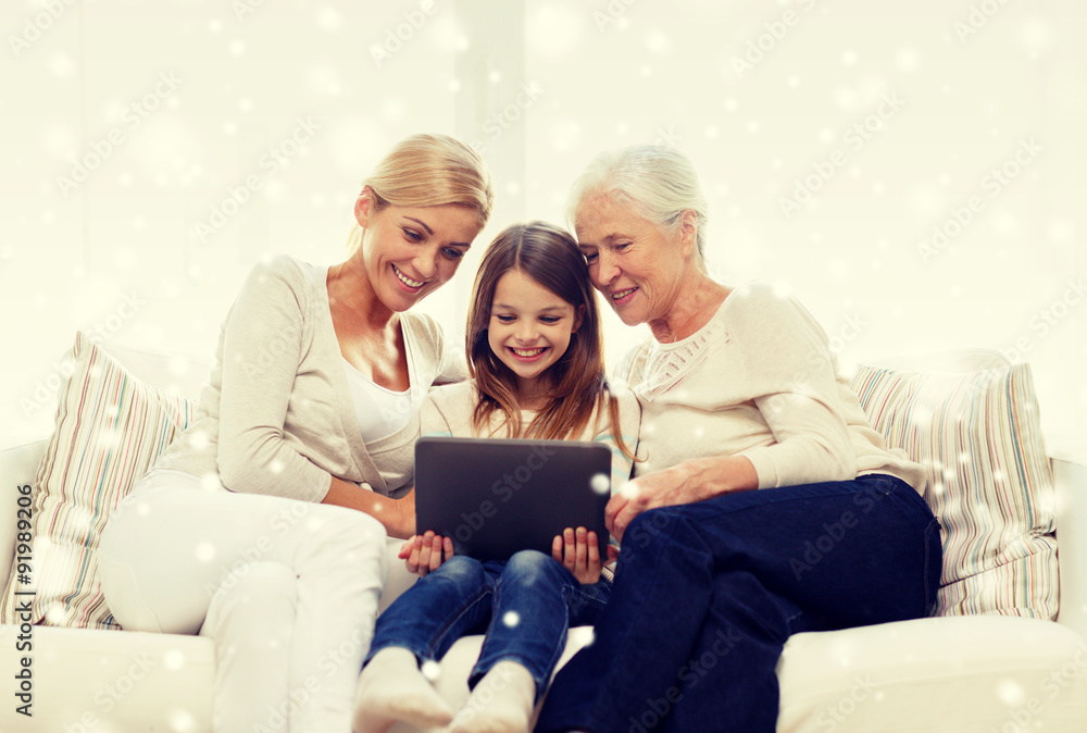 smiling family with tablet pc at home