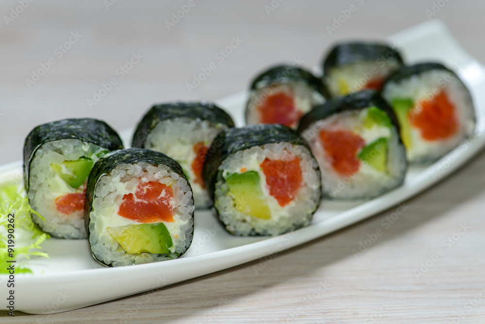 Close-up Maki sushi arranged on plate, shallow depth of field, Close-up Maki sushi arranged on plate, shallow depth of field,