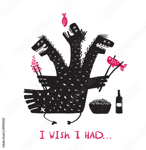 Hungry Funny Dragon Eating Food Drinking Rough Hand Drawn Print