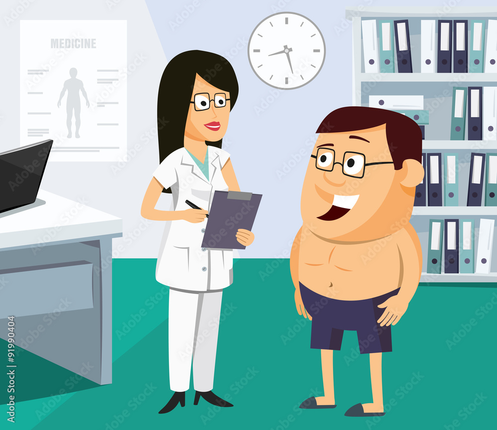The nurse has a meeting with the doctor. Doctor writes a prescription for the patient. Surgery private practice. Funny vector simple illustration.